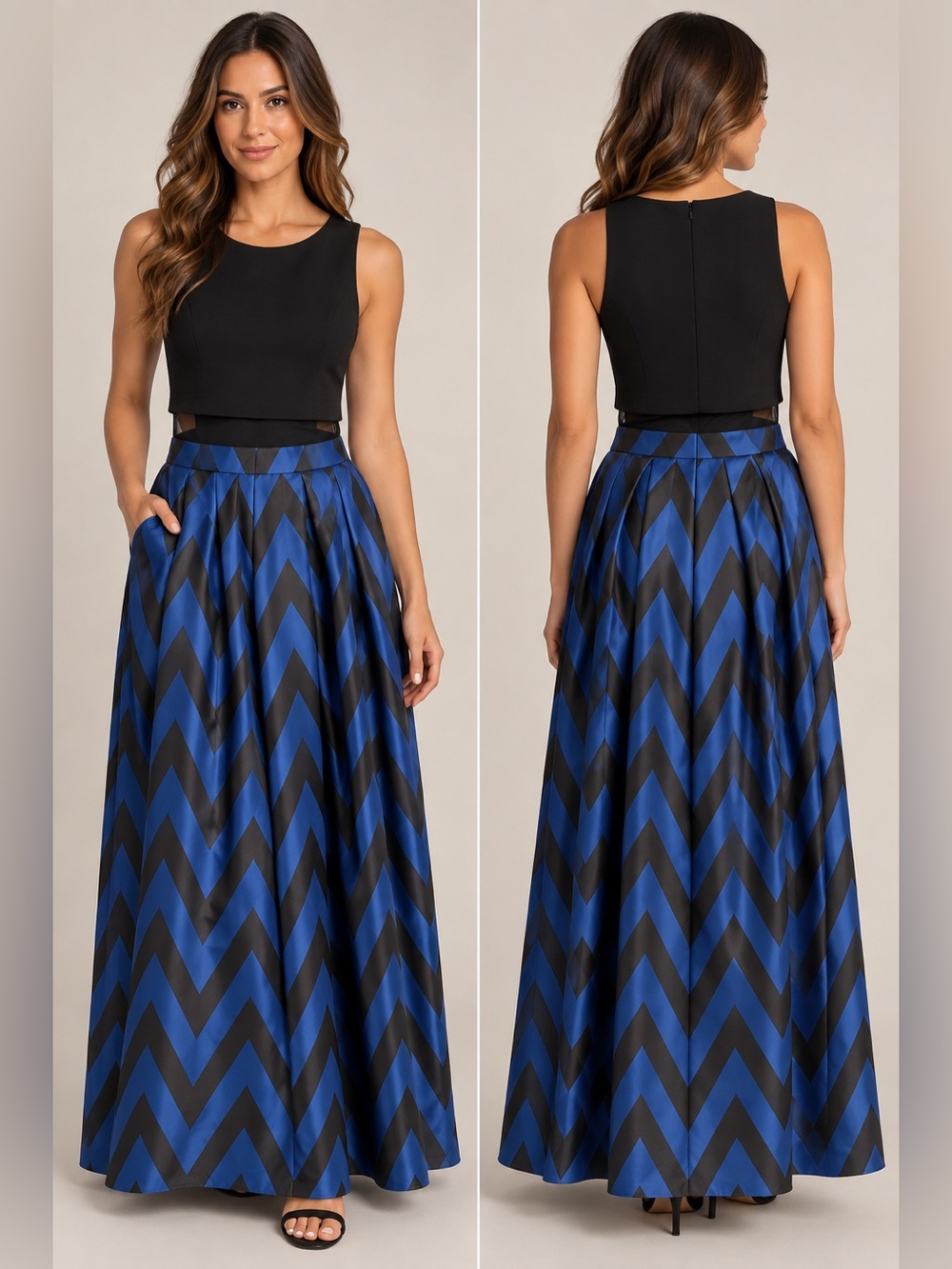 Betsy & Adam Black and Blue Chevron Maxi Skirt